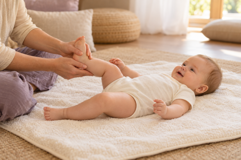 KI-generiertes Symbolbild: Ein Baby bei einer sanften Bein- und Fußmassage durch ein Elternteil.