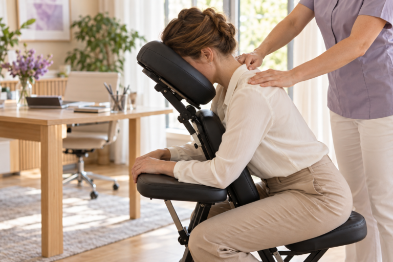 KI-generiertes Symbolbild: Entspannende Business-Massage auf einem professionellen Massagesessel im Büro.