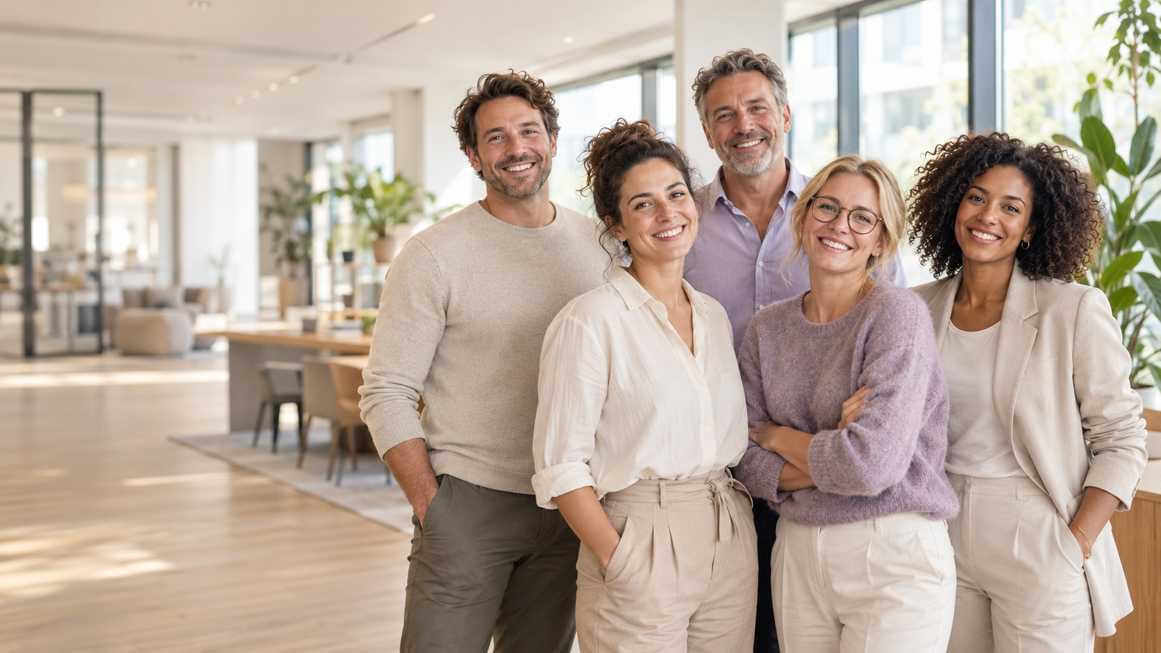 KI-generiertes Symbolbild: Ein glückliches Team in einem hellen Büro.