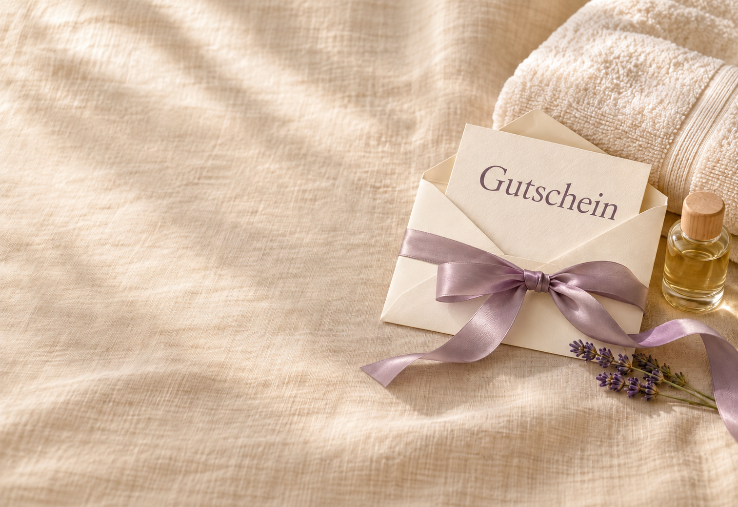 KI-generiertes Symbolbild: Cremefarbener Massagegutschein mit der Aufschrift Gutschein, lilafarbener Schleife und Massageöl.