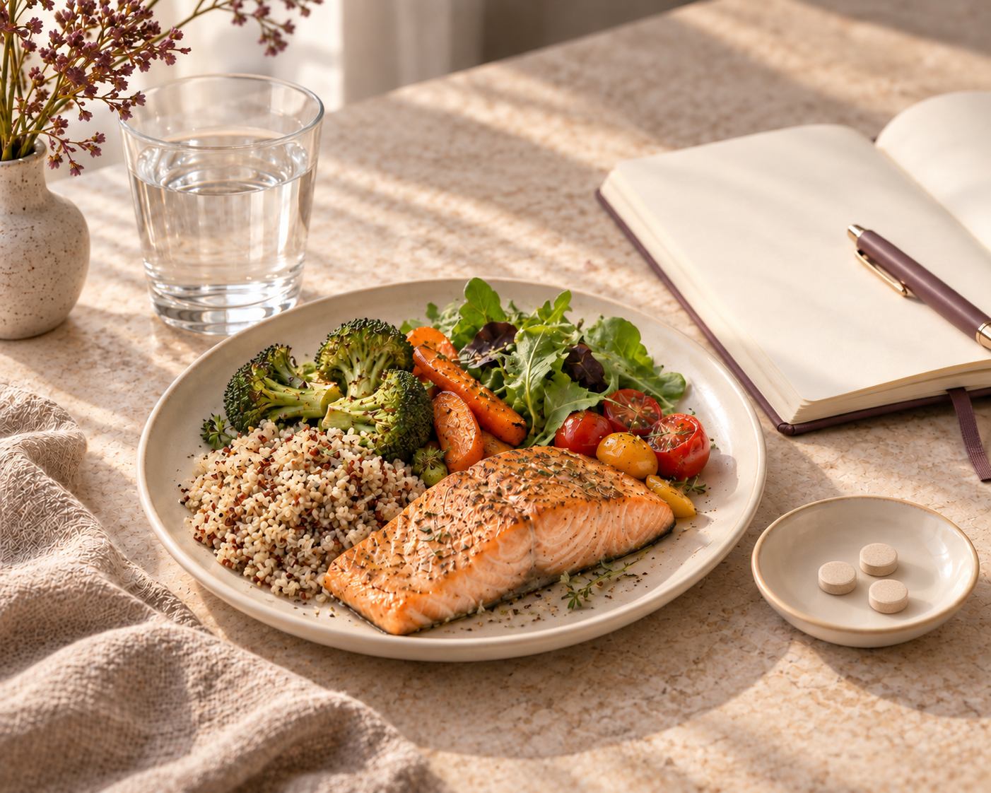 Ausgewogener Teller mit Lachs, Quinoa und Gemüse, daneben Presslinge, Wasser und ein Notizbuch