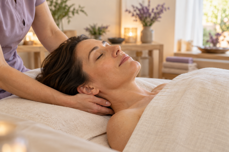 KI-generiertes Symbolbild: Frau entspannt bei einer professionellen Nacken- und Kopfmassage.