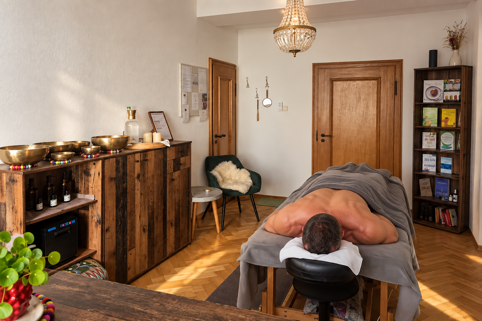 KI-generiertes Symbolbild: Sportlicher Mann auf der Massageliege in der Lounge by Mélissa im Fuggerhaus.