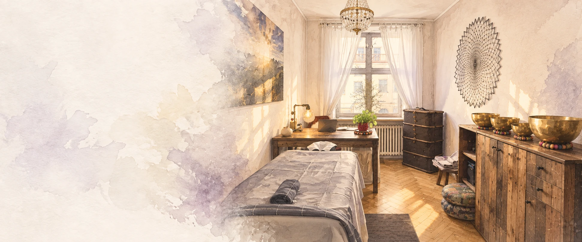 Aquarellansicht der Massage Lounge von Mélissa in Augsburg mit Massageliege, Schreibtisch und Fenster