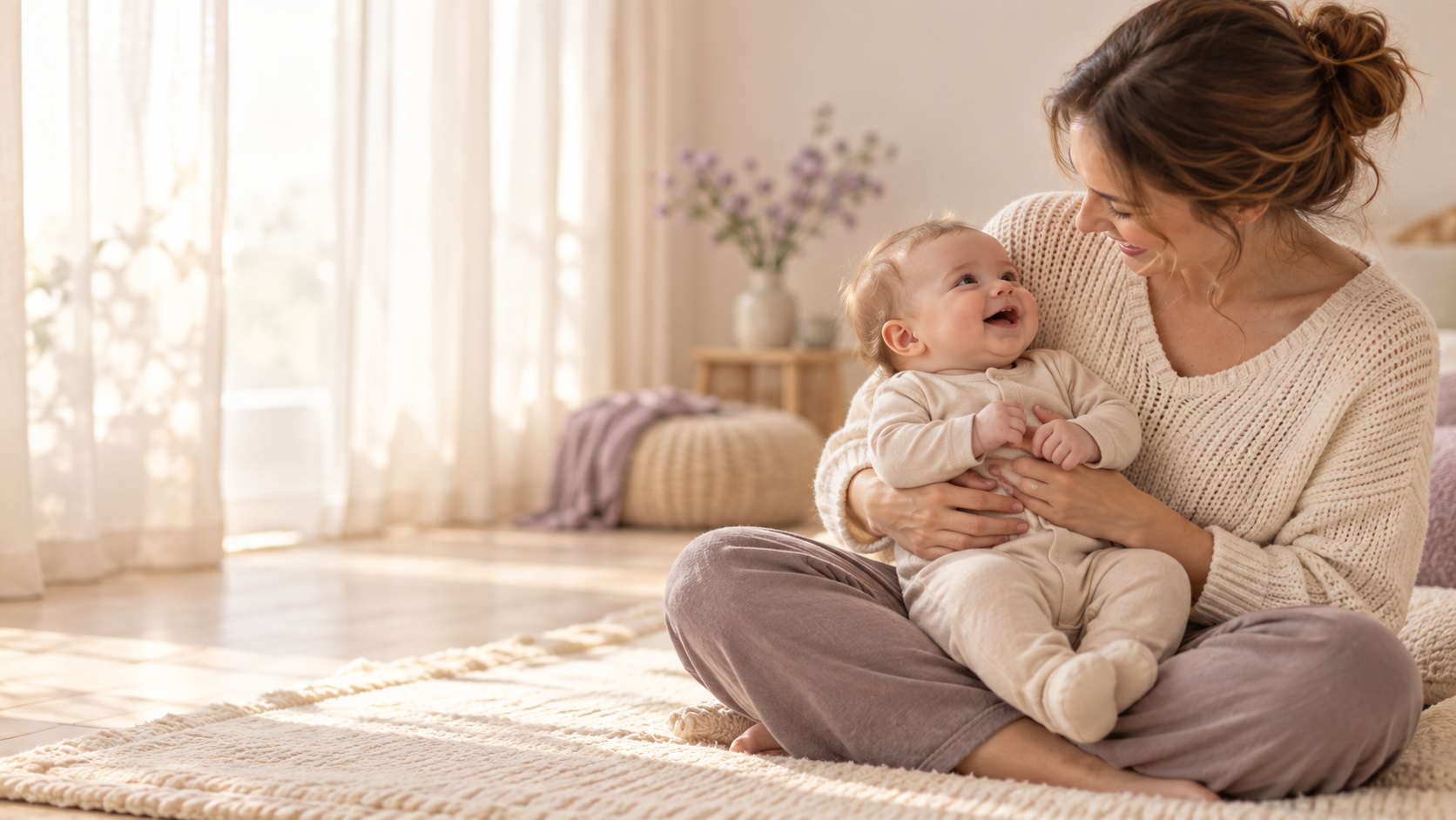 KI-generiertes Symbolbild: Eine Mutter hält ihr lächelndes Baby in einer ruhigen, hellen Umgebung.