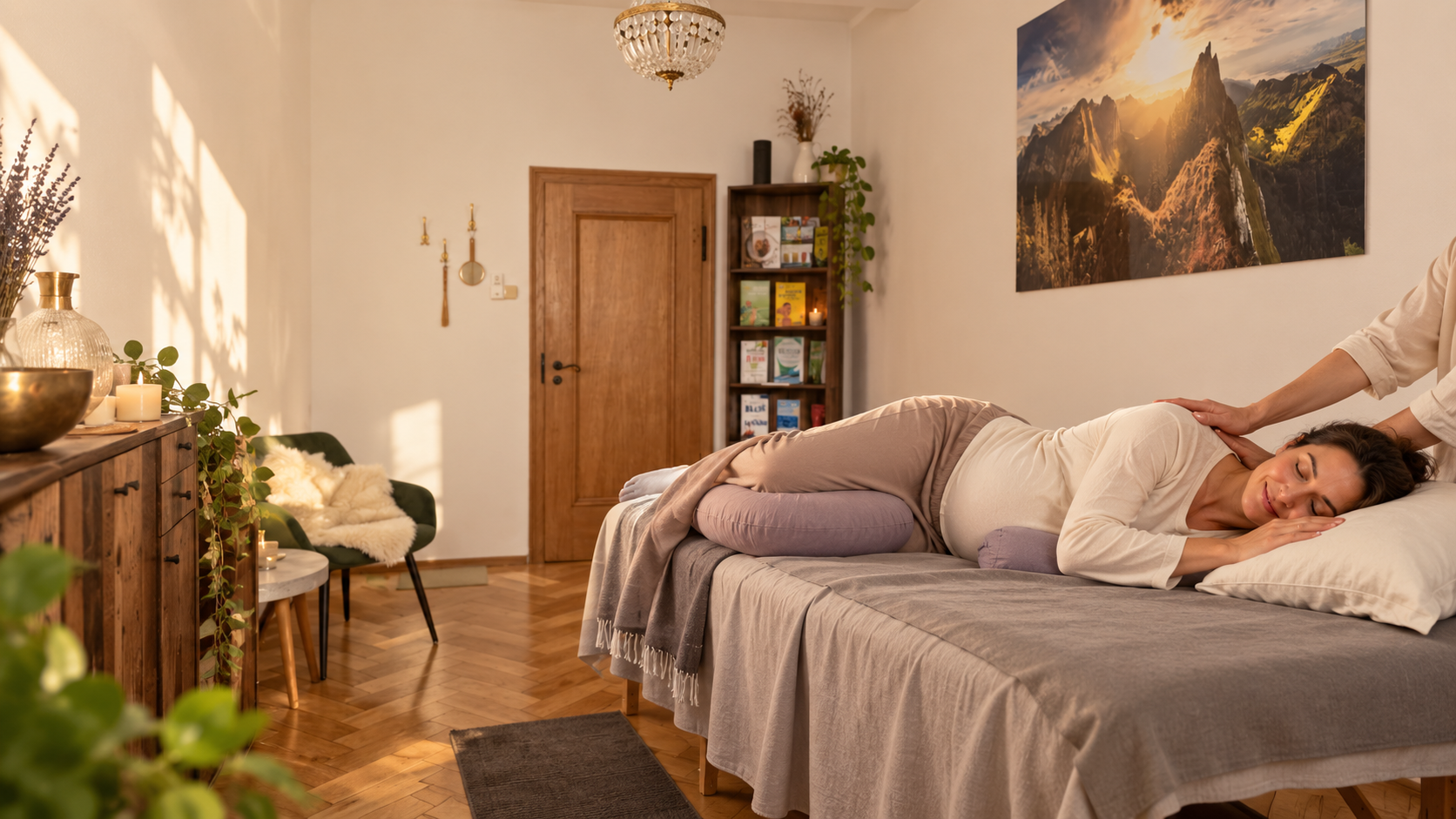 KI-generiertes Symbolbild: Schwangere in entspannter Seitenlage auf einer Massageliege, angelehnt an die Lounge by Mélissa in Augsburg.